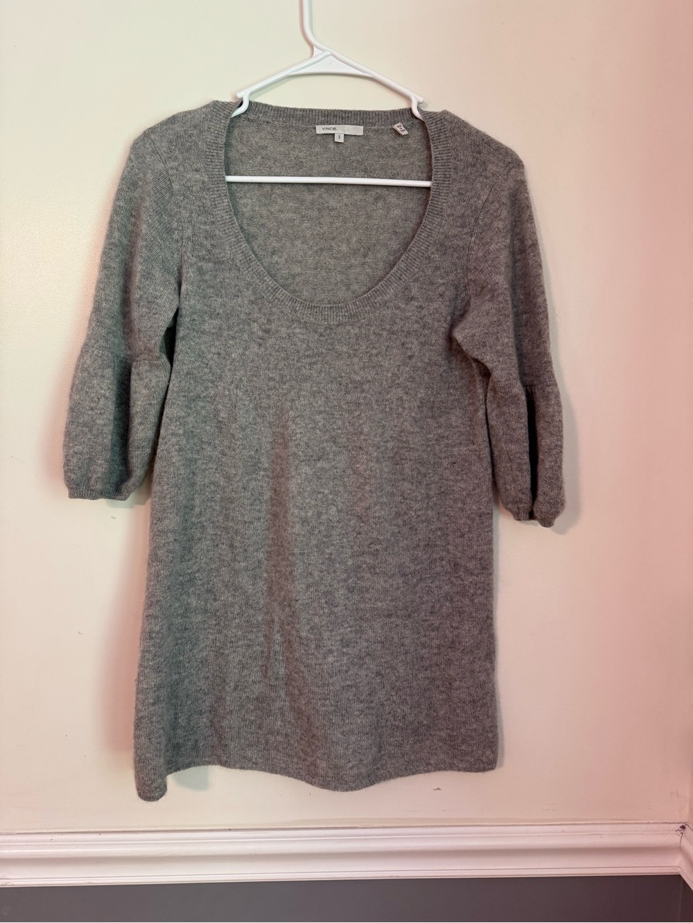 Vince Cashmere Gray Knit Scoop Neck Lightweight Sweater 3/4 Sleeves Size Small
